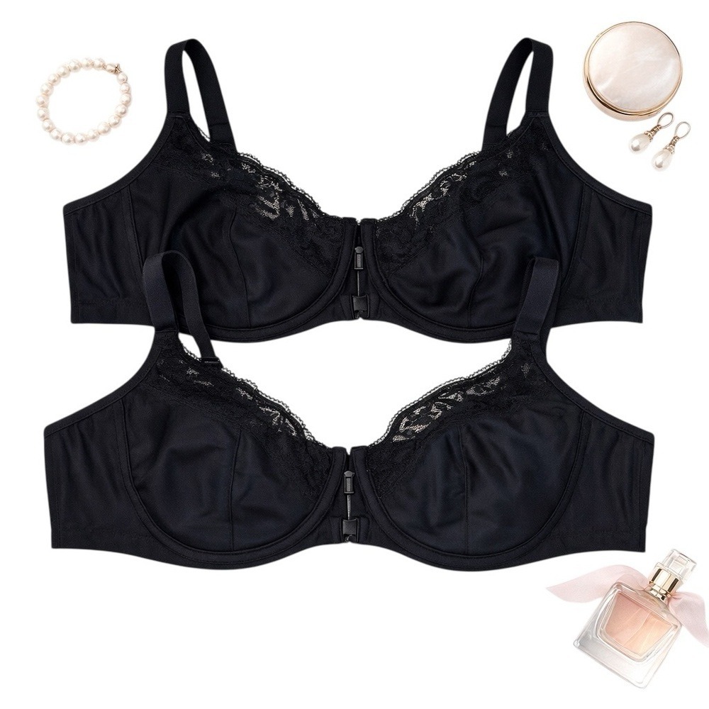 Glamorise WonderWire Front-Close Lace Bras Black Size 48C Set of Two